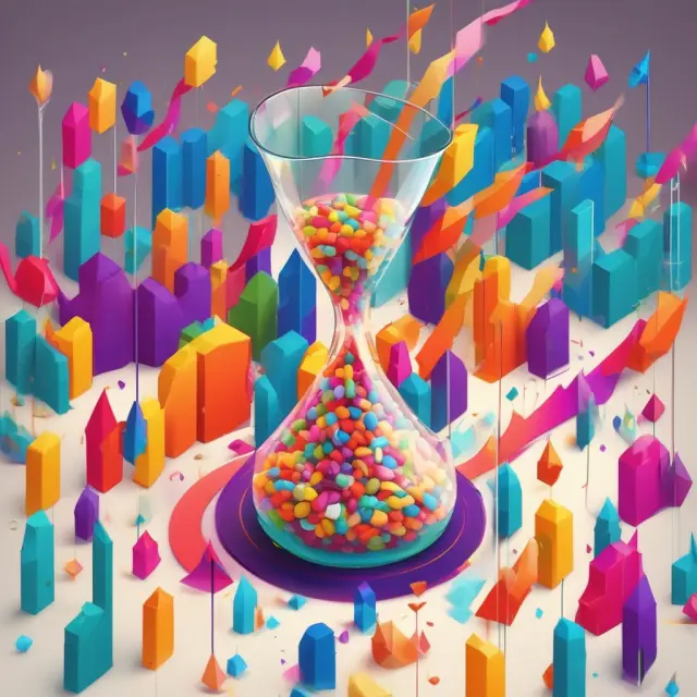 Colorful waves of daily trading volume arrows filling an hourglass, demonstrating the concept of Average Daily Trading Volume