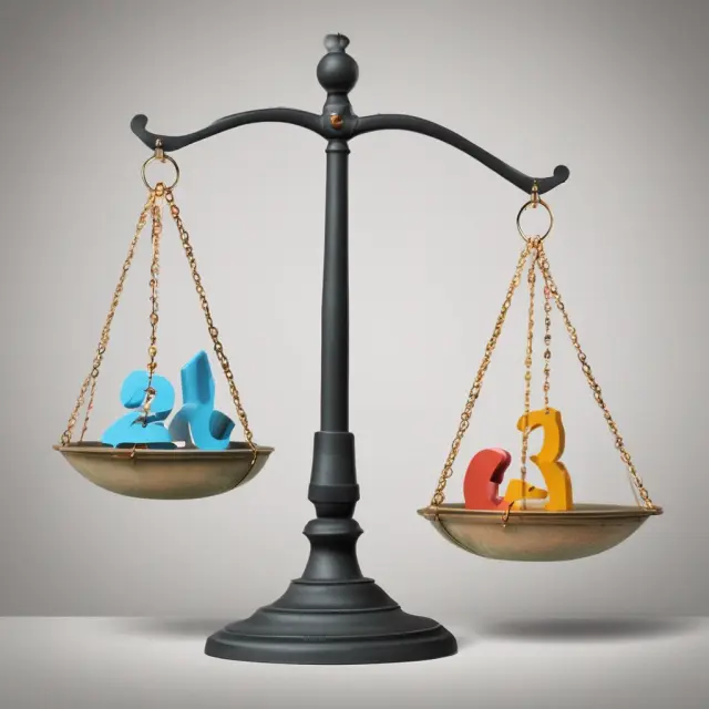 Two scales with pans balanced on arithmetic and geometric mean labels, representing the calculation of investment averages. Compounding returns flow between the scales.