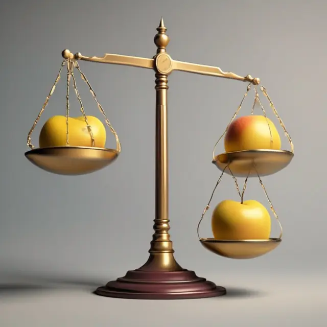 Two golden apples on a scale: Arithmetic Mean (left) symbolizes simple average returns, while Geometric Mean (right) represents compounded return calculations.