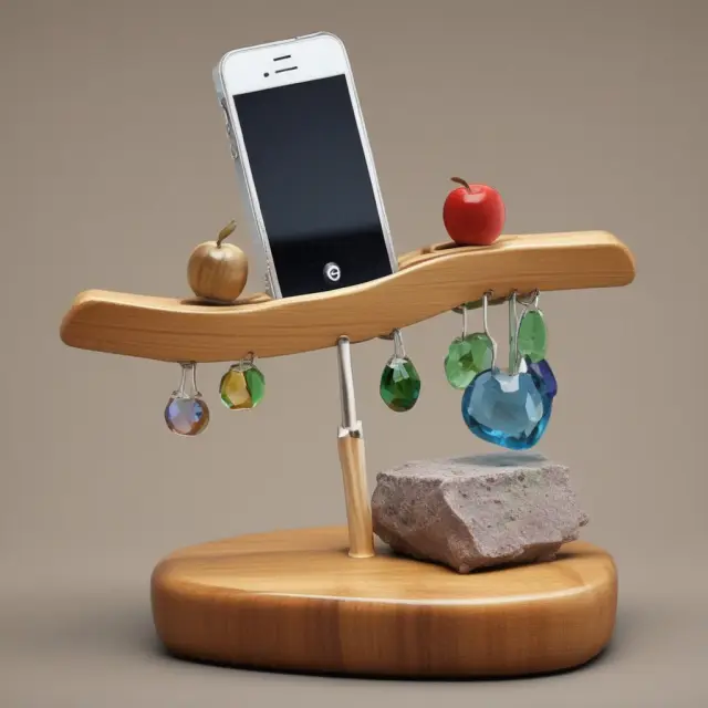 Apple iPhone symbolically represented as a precious gemstone on a see-saw, with financial gains indicated by upward movement.
