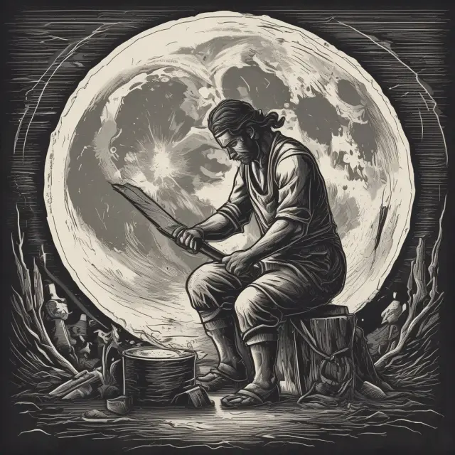 Blacksmith working under the moonlight, grinding an axe head – representing the transformation from a weapon to a financial term in trading.