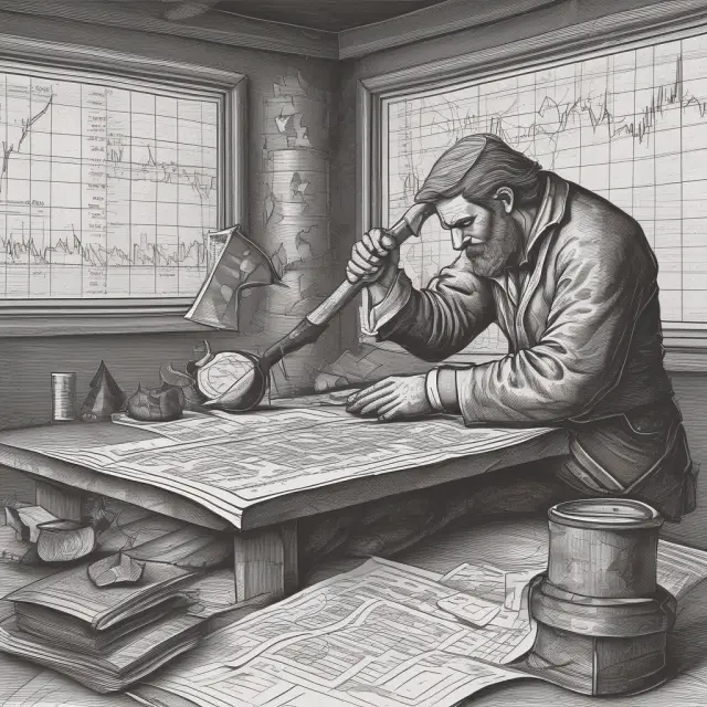 Trader holding an axe over financial charts, representing their intentions towards securities in the market.