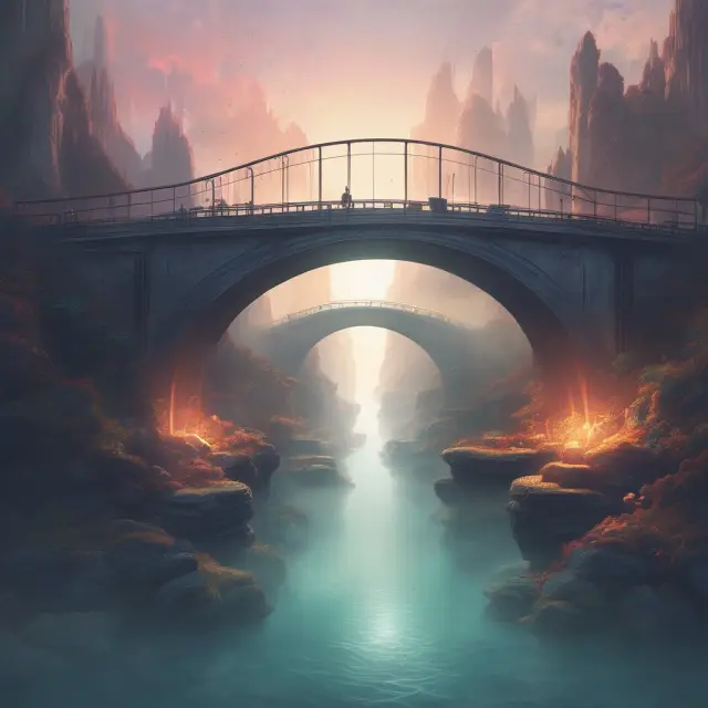 Two traders on either side of a transparent bridge, symbolizing ethical trading and open communication