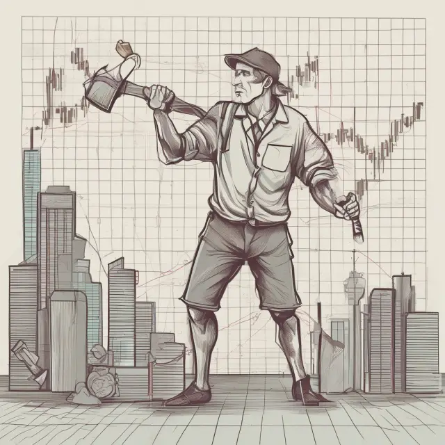 A trader wields an axe over financial graphs, representing buying or selling intentions