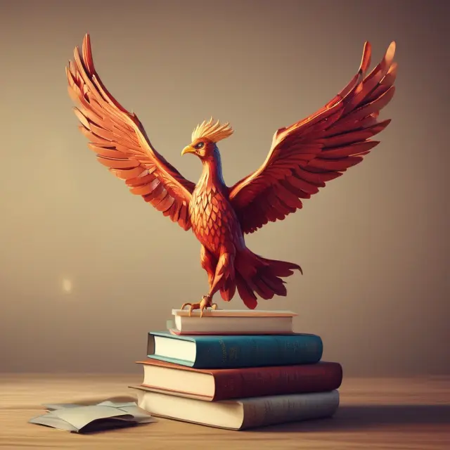 Image of a mythical phoenix emerging from a pile of books and travel brochures, emphasizing the transformation of retirement expectations for baby boomers