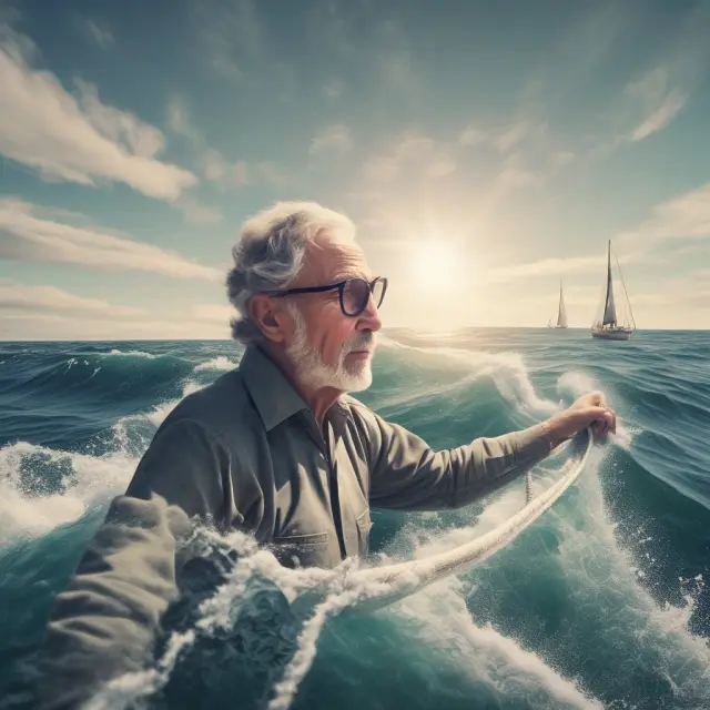 An elderly couple on a sailboat braving rough waters, symbolizing the challenges faced by baby boomers in retirement due to changing interest rates and inflation