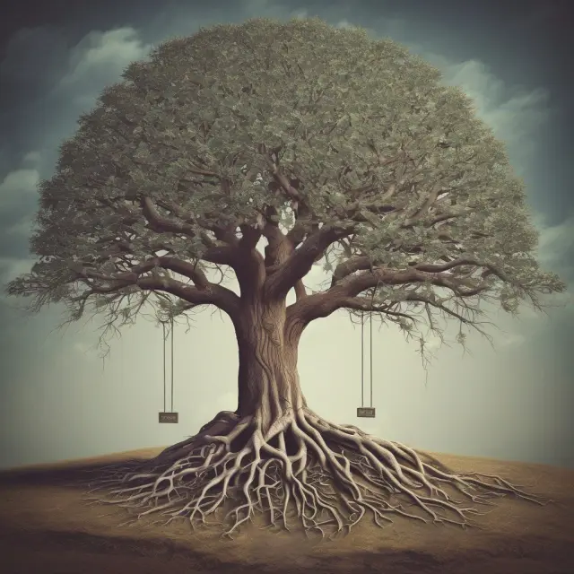 A sturdy tree representing government programs for baby boomer retirees, with roots in Social Security and branches reaching towards Medicare, illustrating financial security.