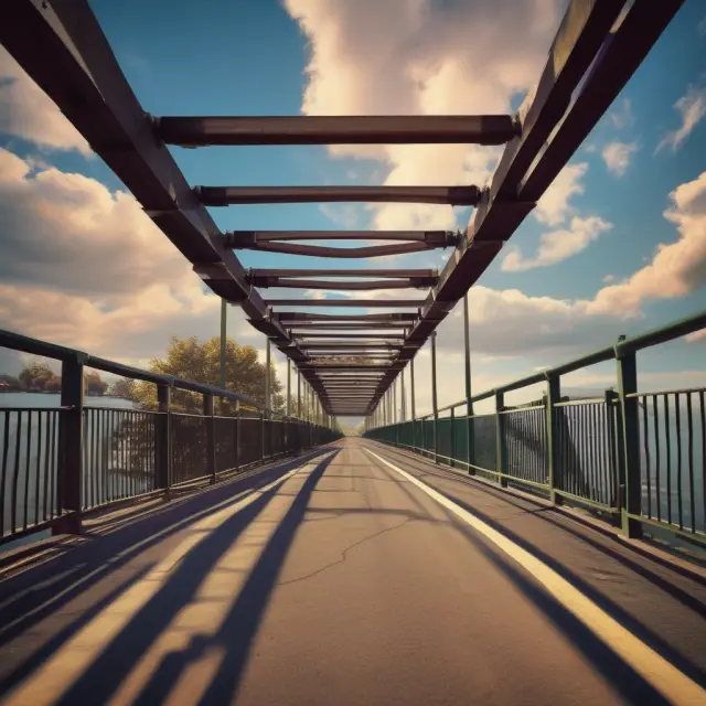 An elderly couple crossing a bridge symbolizing the transition from working life to retirement, with a backdrop of various economic influences shaping their journey