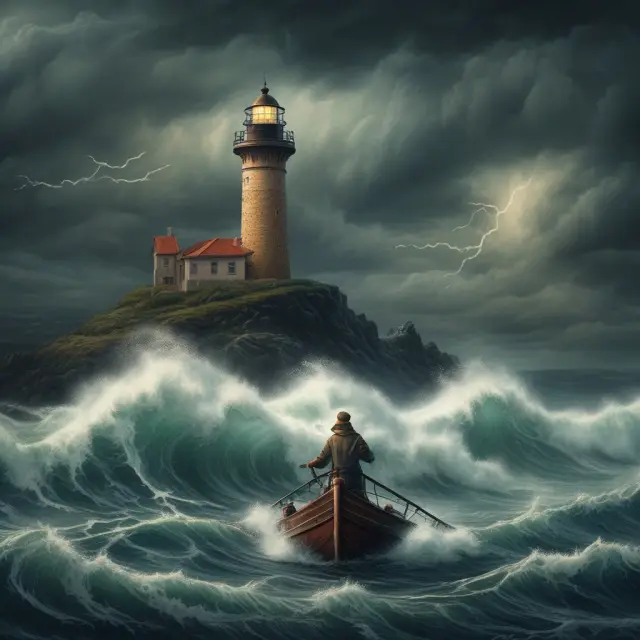 A baby bond investor braving liquidity risk in a stormy sea, with a lighthouse symbolizing market trends and investment strategies in the distance.