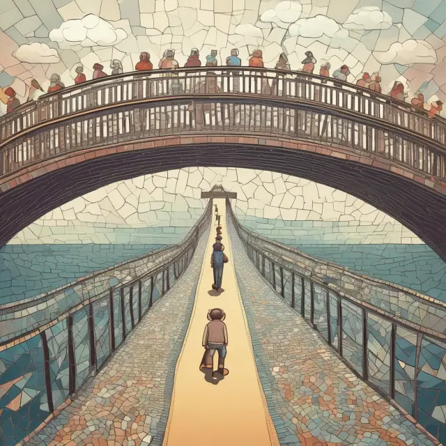 A bridge connects colorful mosaics representing baby bonds to traditional bonds, illustrating their differences and similarities.