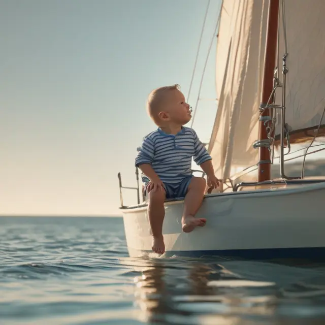 A person skillfully navigating a sailboat across a tranquil sea filled with various baby bonds, representing municipal and corporate investments