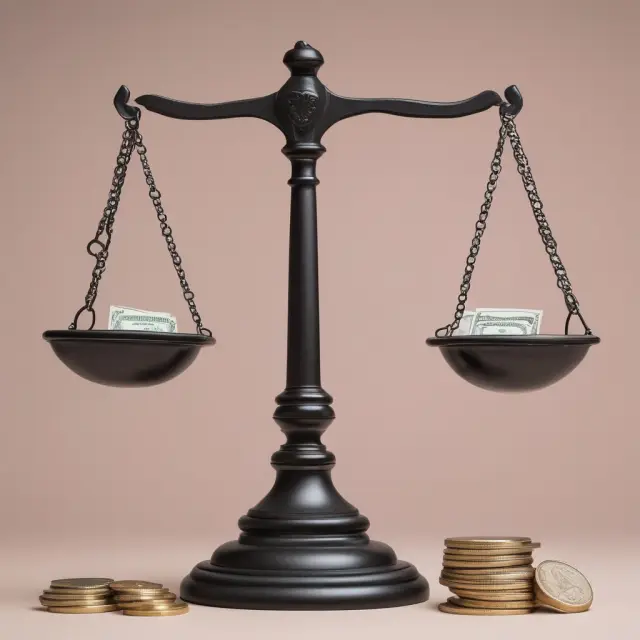 Two balance scales illustrating income vs. debts, with a person carefully adjusting weights to maintain balance