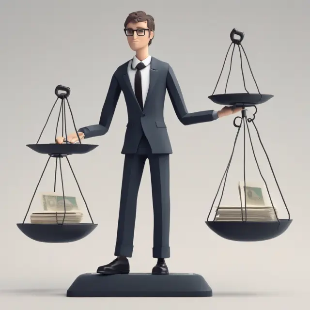 Person balances a scale with monthly mortgage payments, car loans, student loans, and credit card debt representing back-end ratios.