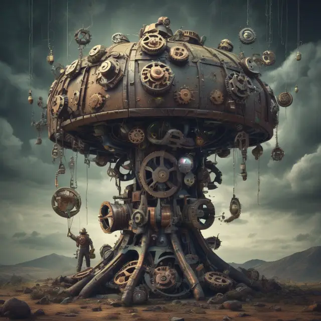 A well-balanced debt machine with interconnected gears symbolizing responsible payments. An out-of-place credit card adds instability and potential risk to the system.