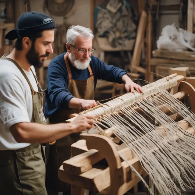 An artisan carpenter managing a backlog of order tickets, depicted as wooden planks woven together on a large loom