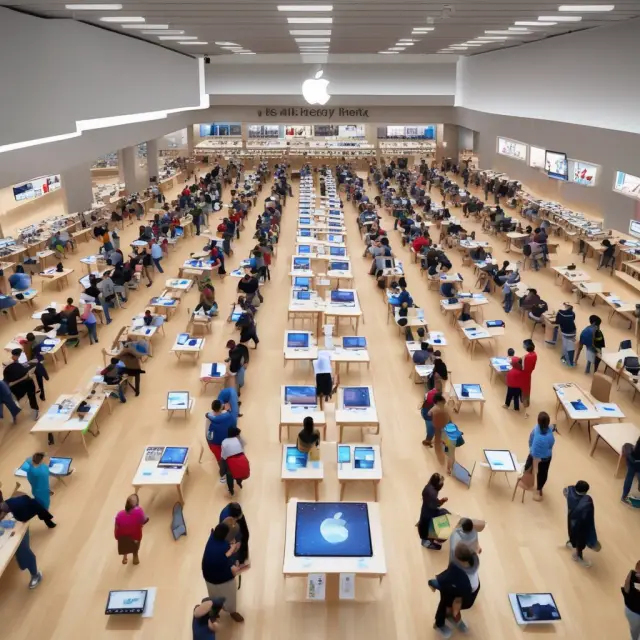 An Apple Store with customers lined up at the counter, surrounded by overflowing iPhone X boxes, indicating strong sales demand and production bottlenecks