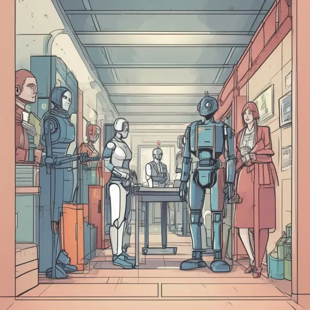 Bridge symbolizes collaboration between front-office staff and remote, automated back-office personnel. Robots represent technology streamlining processes.
