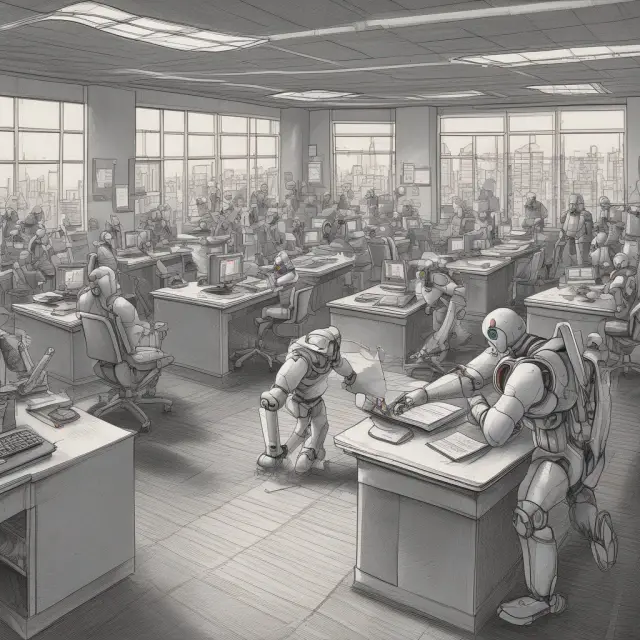 Robots and humans collaborate in a hybrid office setting, reflecting technology