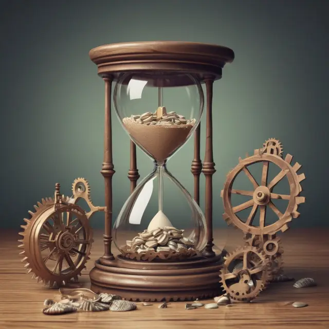 An hourglass with accounting gears symbolizes managing time-sensitive backorders and maintaining accurate records