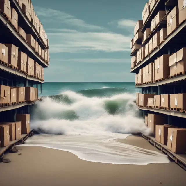 A serene sea separates a shore with backordered items from another out-of-stock, symbolizing effective inventory management
