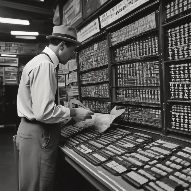 A time traveler analyzing past data at an antique market terminal, emphasizing the significance of backtesting.