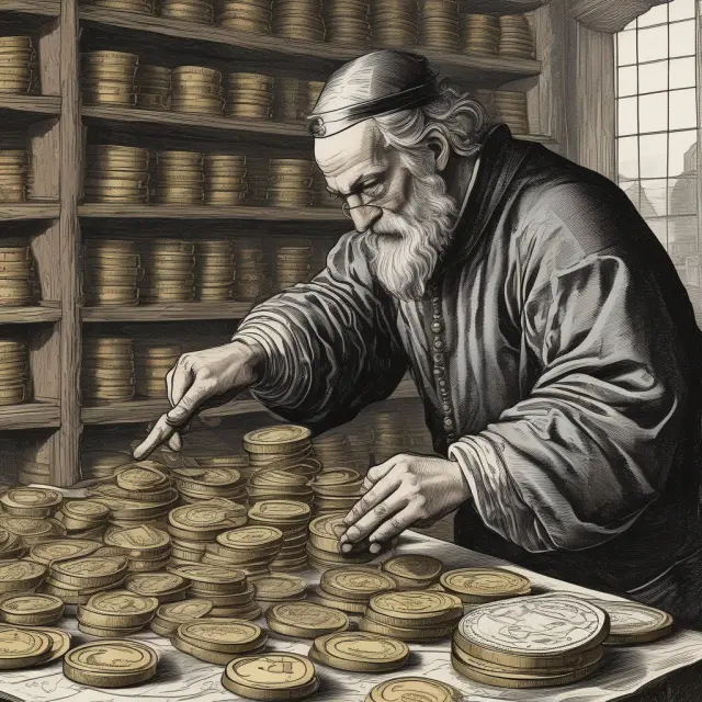 An old alchemist sifting through golden coins on a table filled with historical stock charts, symbolizing selecting representative data for thorough backtesting