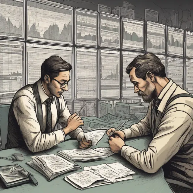 Trader in a library examines past data (backtesting), while trader at computer monitors real-time market conditions (forward performance testing)