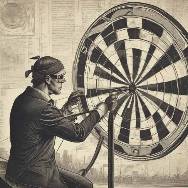 An archer wearing a blindfold aims for the bullseye on a dartboard filled with historical market data, representing unbiased strategy evaluation.