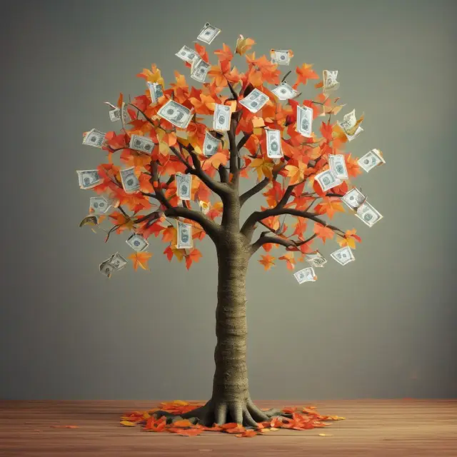 Money tree sheds tax-withheld leaves in autumn, symbolizing the reduction of available cash flow due to backup withholding