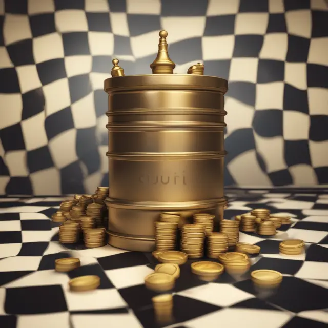 A golden crude oil barrel, gold coins, and a natural gas cylinder on a chessboard represent backwardation in crude oil, gold, and natural gas markets.