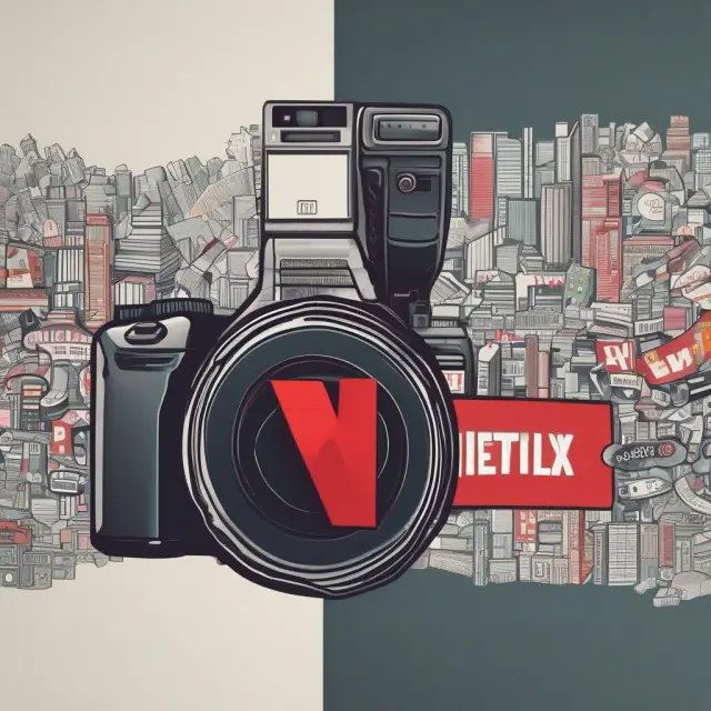 Netflix logo and camera lens blending together, representing the company