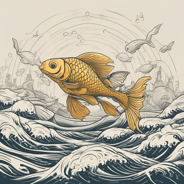 A golden fish jumps out of a flowing e-commerce river, illustrating companies