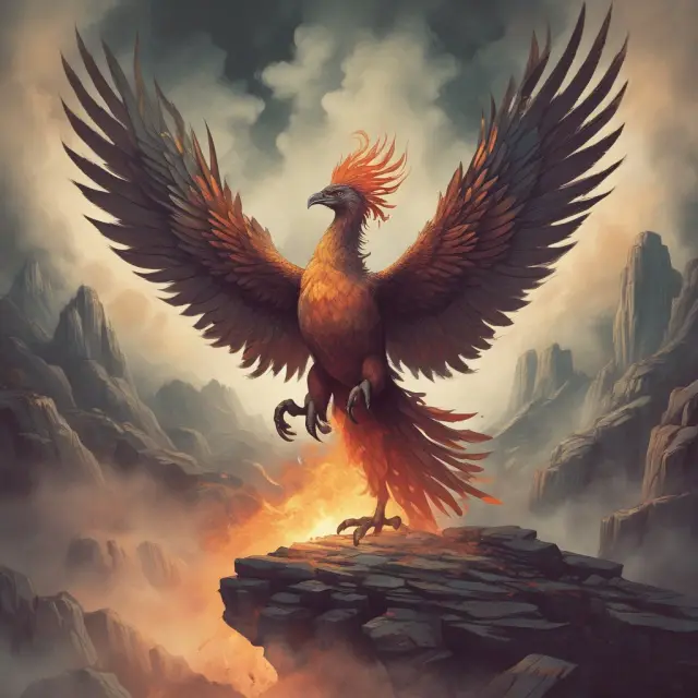 Phoenix rising from a quarry, illustrating the benefits and transformation brought by backward integration: cost savings, improved efficiency, competitive advantage.