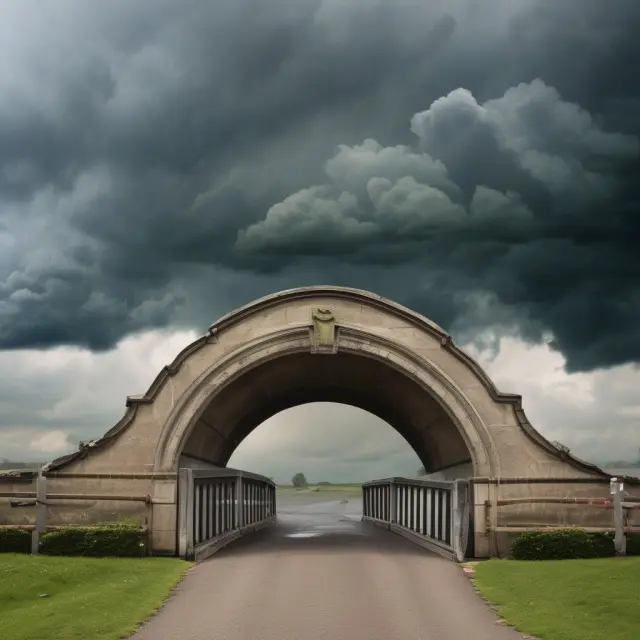 A turbulent credit storm cloud blocks a bridge to a dream home, symbolizing the hurdles faced when securing a mortgage with poor credit.