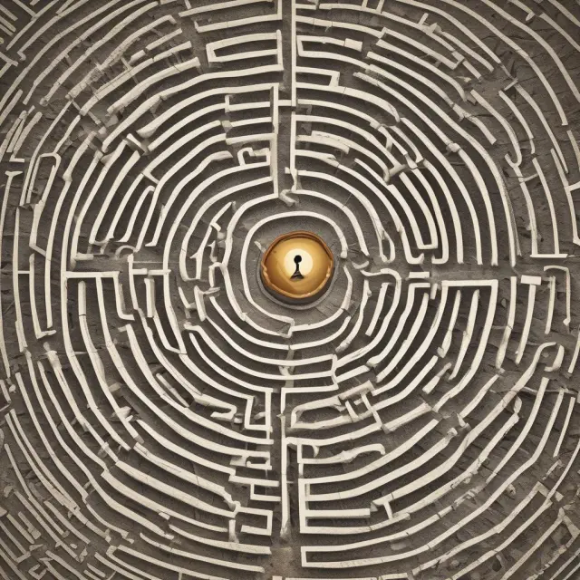 Labyrinth representing common credit score myths. Seeker navigates maze to find truth and improve score.