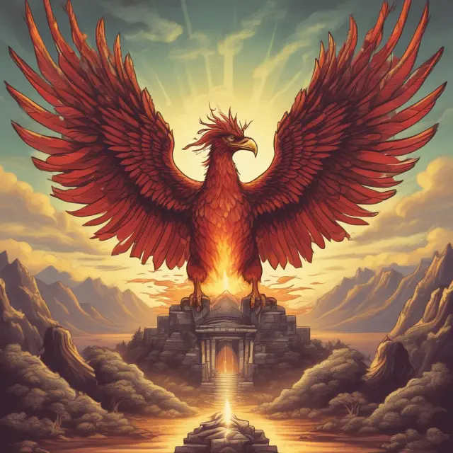 A mythical phoenix rises from ashes, symbolizing individuals overcoming financial difficulties through secured credit cards and debt advisors