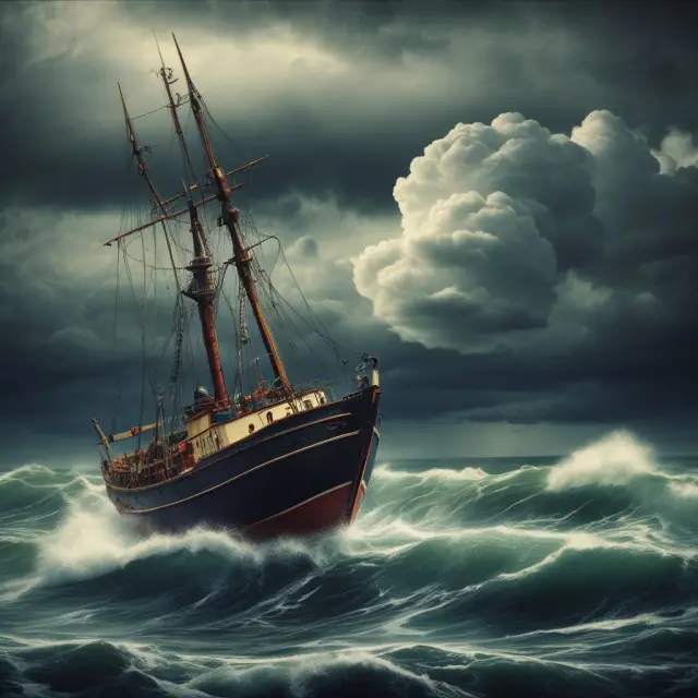 A balanced financial boat sailing through calm waters, but threatened by stormy waves representing potential bad debts