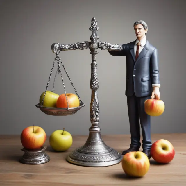 An accountant weighing sales apples and a silver coin representing allowance for doubtful accounts, symbolizing the estimation of bad debt expense using the Allowance Method