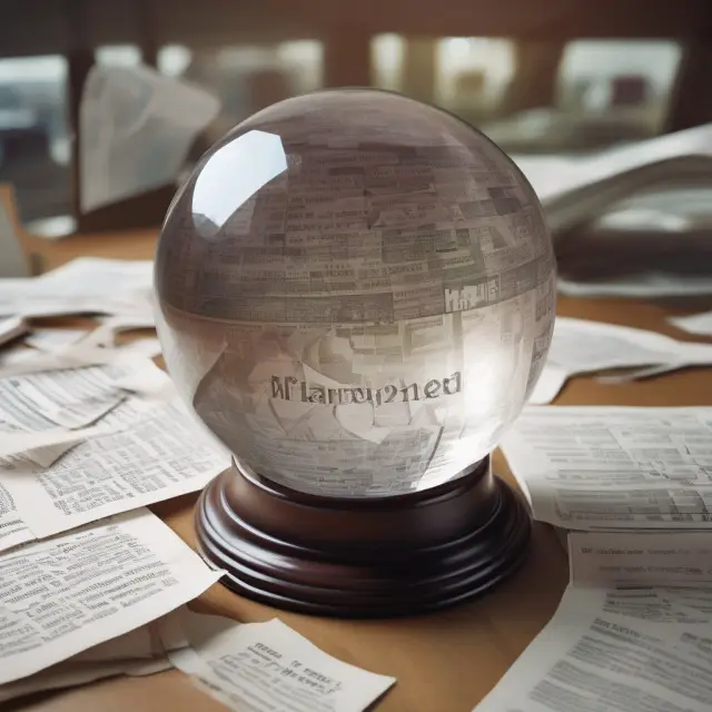 A crystal ball filled with financial statements displaying bad debt expense in income and balance sheets. Companies like GE and Intel illustrated.
