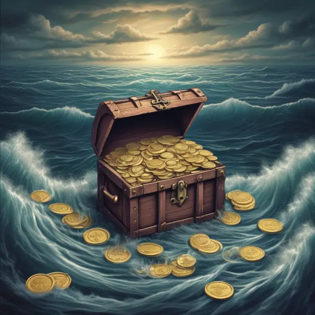 An investor protects their gold coins in a treasure chest from waves representing potential bad debt expenses while using a map to navigate effective mitigation strategies
