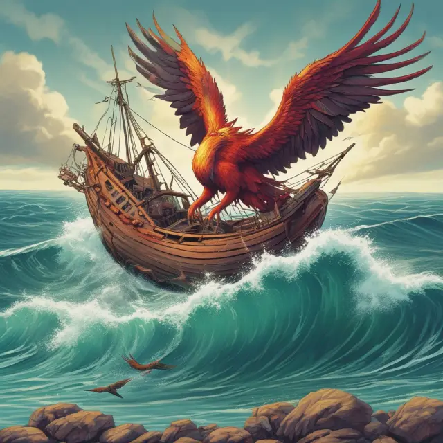 A sinking debtor ship surrounded by receivables releases a mythical phoenix, symbolizing the release of bad debt expense
