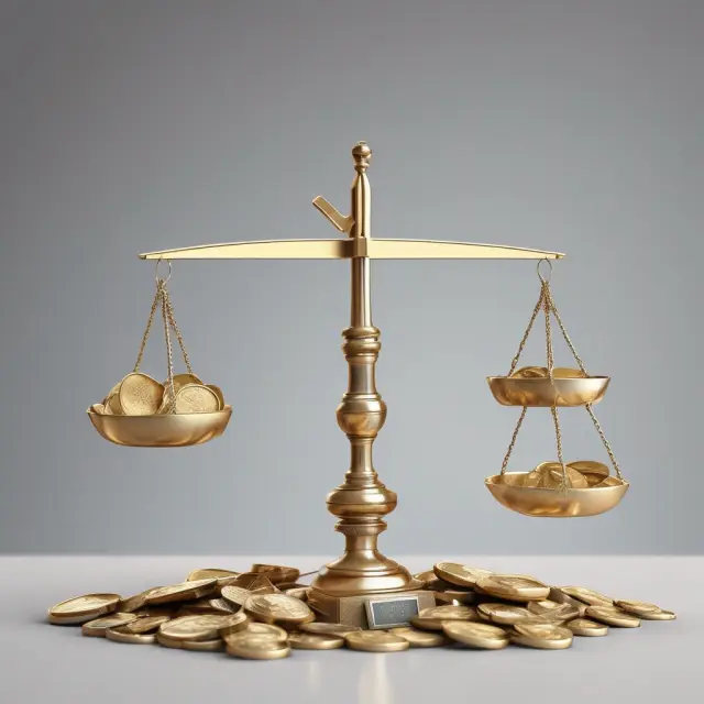Golden scale with coins for collectible debts and silver coins for bad debts. Unpaid silver coins fall off, indicating write-offs.