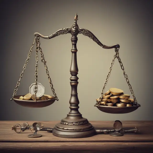 An old scale with a pile of coins representing money owed and two arms struggling to balance – illustrating the burden and management of bad debt.