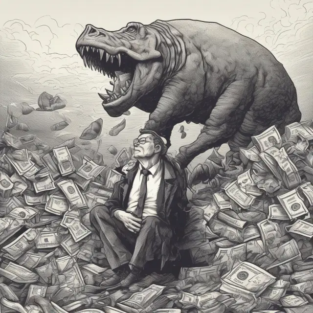 Investor holding onto a losing stock, surrounded by loss aversion (scales) and sunk cost fallacy (money piles)