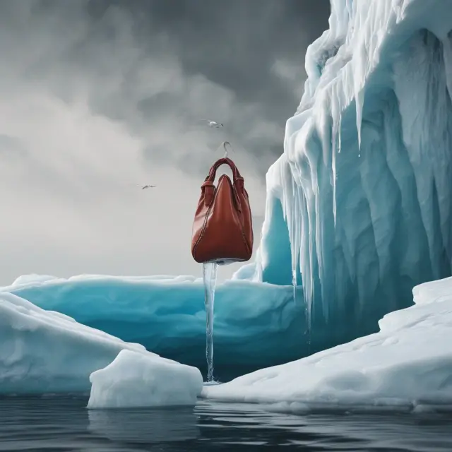 A person holding onto an iceberg while it melts, illustrating the sunk cost fallacy in investing, representing emotional attachment to losing investments.