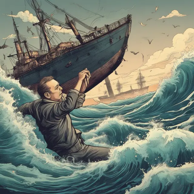An investor holding onto a bag of stocks as their sinking ship disintegrates, symbolizing the psychological attachment that leads to becoming a bag holder despite losses.