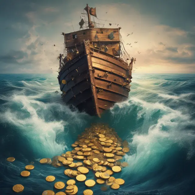 Image: A sinking ship with treasure chests; one opened, spilling gold coins, representing the risks and financial losses associated with bag holding.