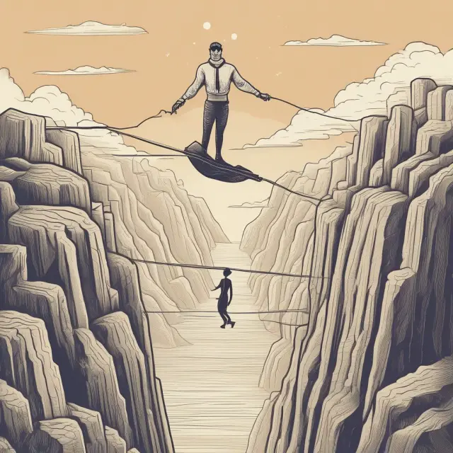 A person precariously balancing on a tightrope symbolizes the challenge of overcoming emotional biases in investing, preventing bag holding.
