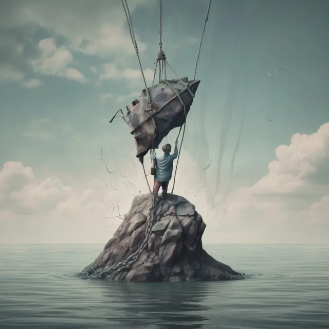 Person holding an anchor that represents poor-performing investment as the boat (market) sails away