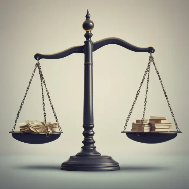 A set of scales with a heavy purse on one side, symbolizing the bail bond system